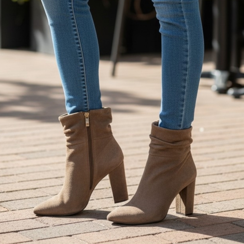 Qupid Taupe Suede Chunky Heeled Boots Winter Spring Dressy Slouch Ankle Boot